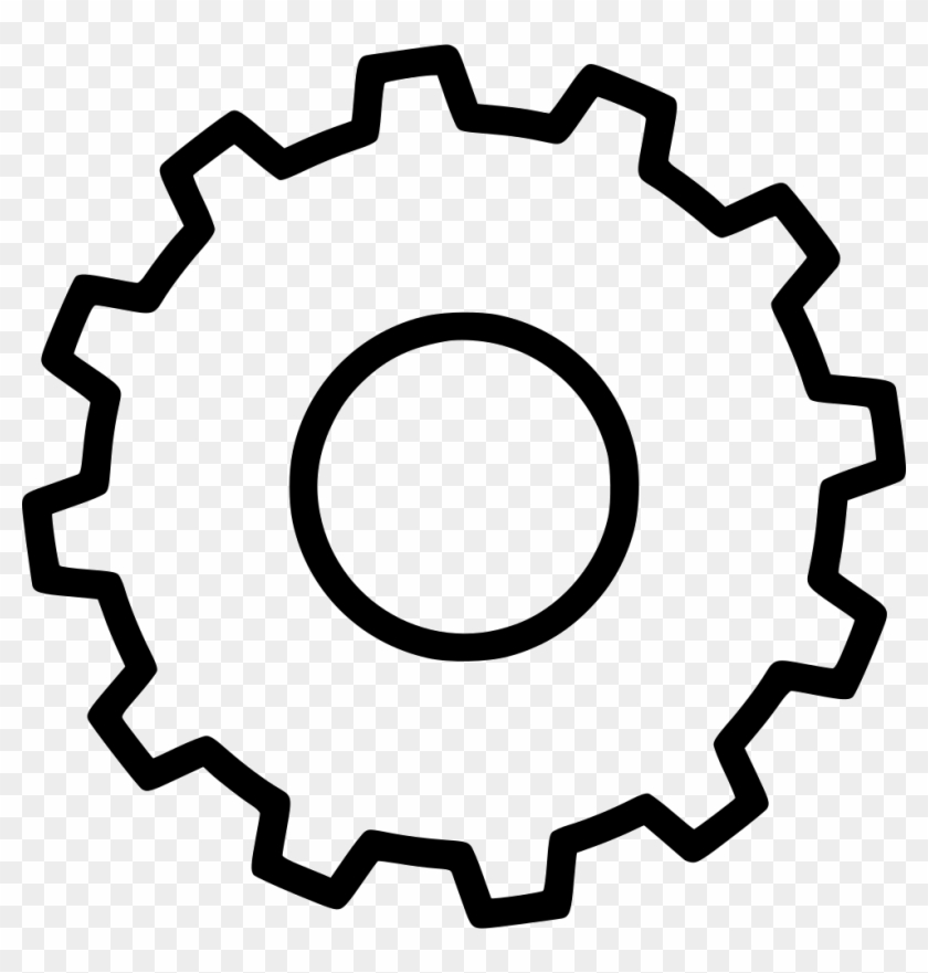 Black outline of a gear with jagged teeth and central hole on transparent background.