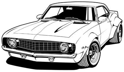 Black-and-white line drawing of a classic 1969 Chevrolet Camaro with aggressive stance, hood stripes, and wide tires.
