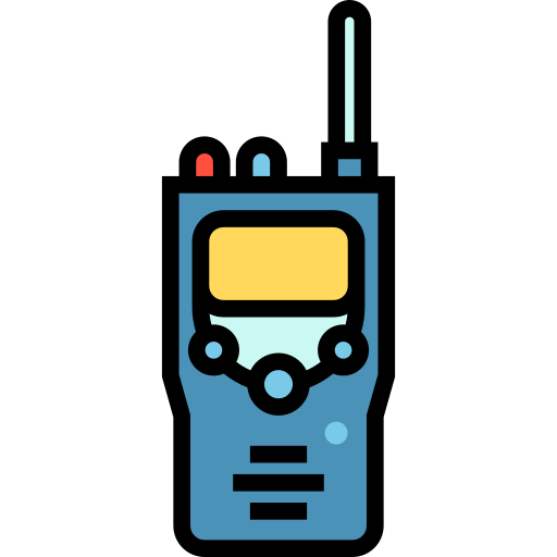 Blue handheld walkie-talkie with yellow display, red and blue indicator lights, and antenna.