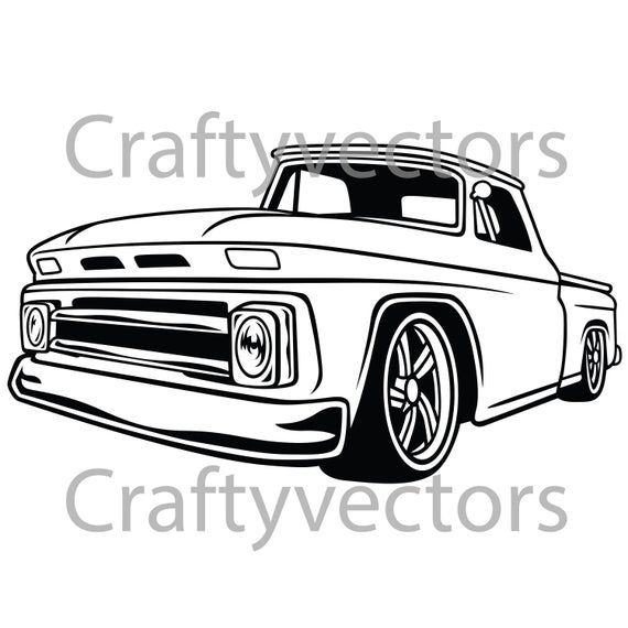 Black-and-white line art illustration of a classic 1960s Chevrolet pickup truck with custom wheels and lowered suspension.