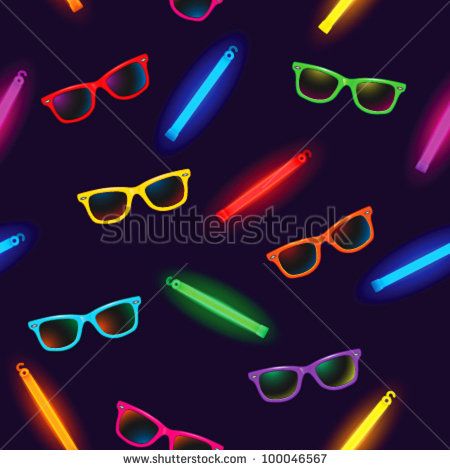 Colorful neon glow sticks and sunglasses scattered on a dark background, evoking a vibrant party or rave atmosphere.