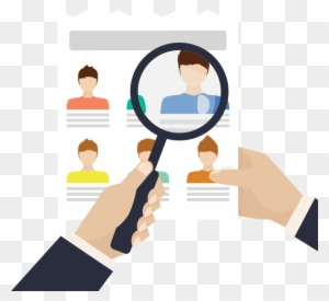 Hand holding magnifying glass over candidate profile icons, symbolizing recruitment or background check process.
