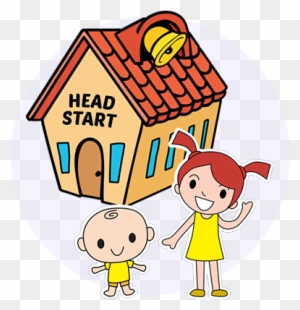 Cartoon illustration of a Head Start schoolhouse with two smiling children waving in front.