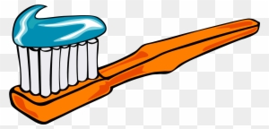 Orange toothbrush with white bristles and a dollop of blue toothpaste on top, illustrated in cartoon style.