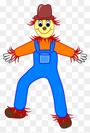 Cheerful cartoon scarecrow with red hair, brown hat, orange shirt, blue overalls, and frayed limbs on transparent background.