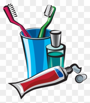 Blue cup holding red and green toothbrushes, tube of toothpaste, and mouthwash bottle on transparent background.