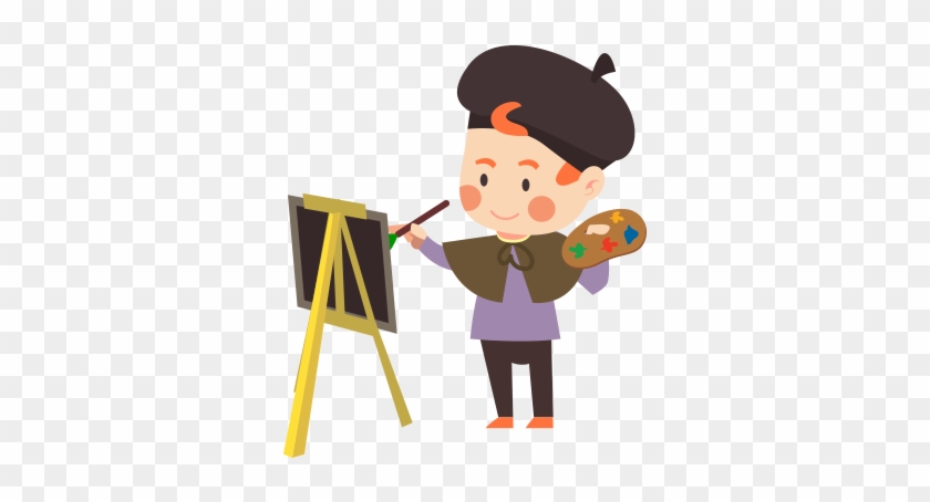 A cheerful cartoon child wearing a beret paints on an easel with a palette in hand.
