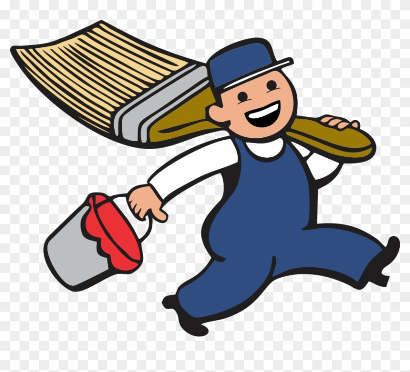 Cheerful cartoon painter running with a large brush and paint bucket.