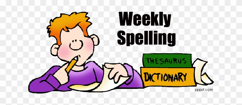 A cartoon boy with orange hair studies spelling with a pencil, dictionary, and thesaurus beside him under "Weekly Spelling" text.