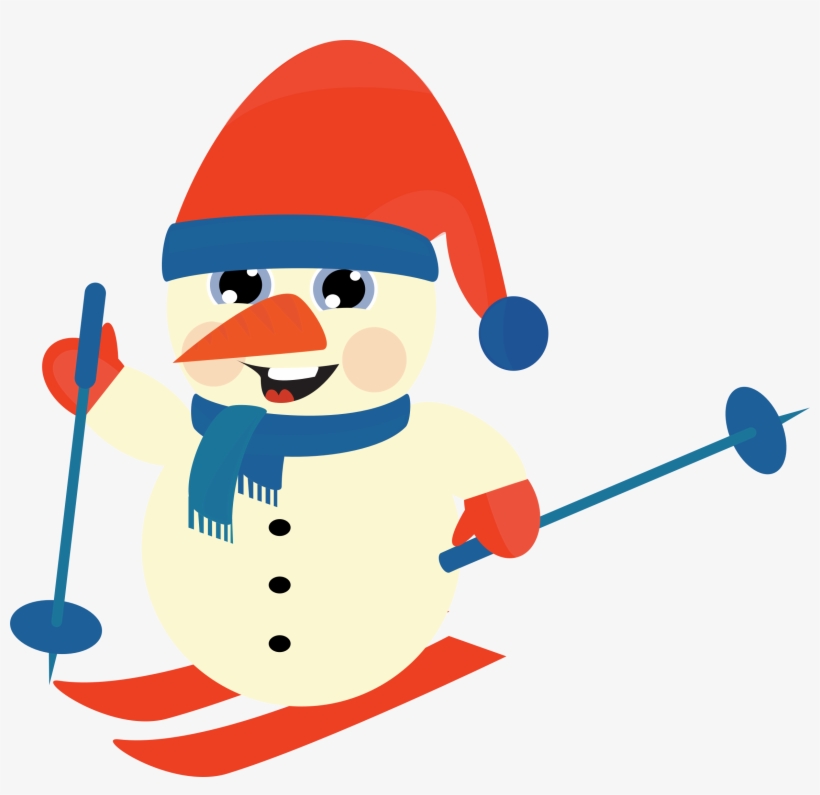 Cheerful snowman skiing with red hat, blue scarf, and ski poles.
