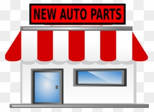 Illustration of a storefront with red-and-white striped awning and "NEW AUTO PARTS" sign above.