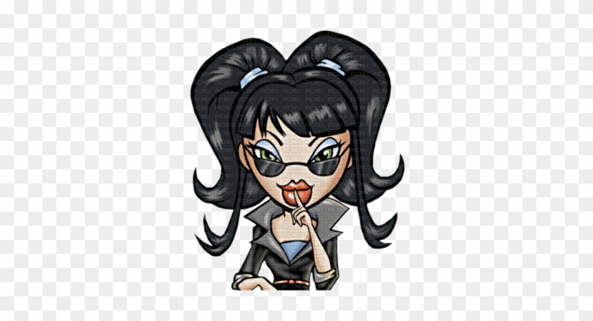 Chibi-style female character with black pigtails, green eyes, black mask, and finger-to-lips gesture in a stealth pose.