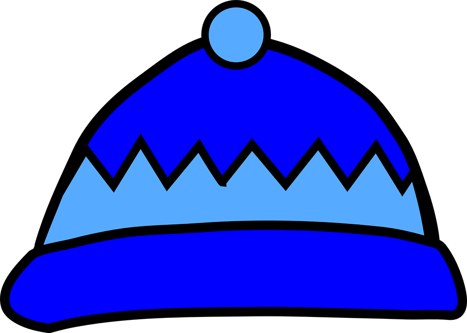 Blue winter beanie with light blue pom-pom and zigzag trim on black background.