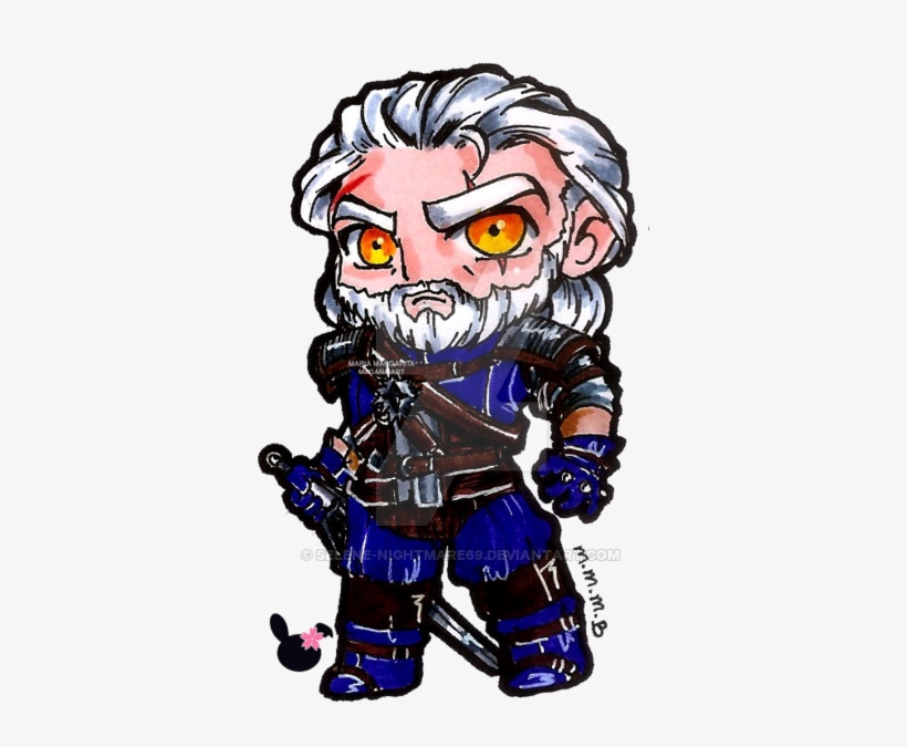 Chibi-style Geralt of Rivia from The Witcher, with white hair, orange eyes, blue armor, and dual swords.