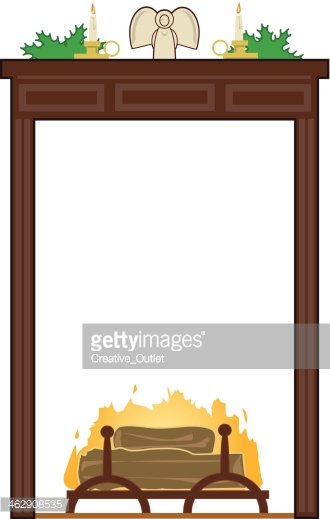 Cozy fireplace with burning logs, angel figurine, and candles on mantel, decorated with greenery.