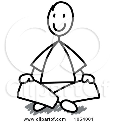 Stick figure meditating in lotus position with a smile, black-and-white line drawing.