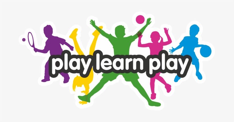 Colorful silhouettes of children playing sports with the text "play learn play" overlaid.