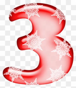 Glossy red number 3 decorated with white snowflake patterns on transparent background.