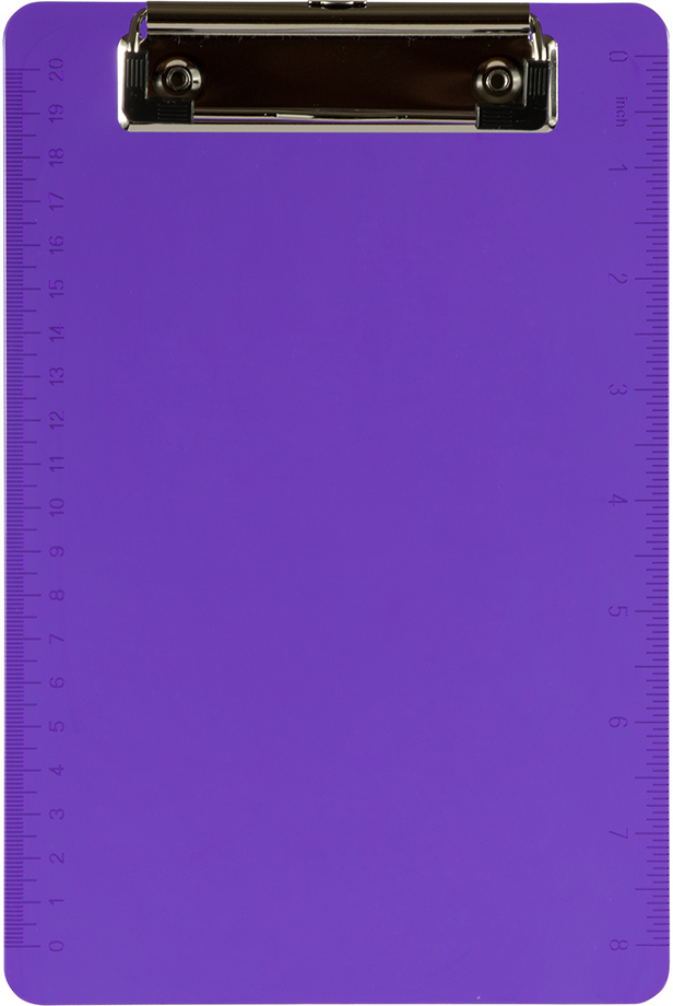Purple clipboard with built-in inch rulers on left and right edges and a metal clip at the top.