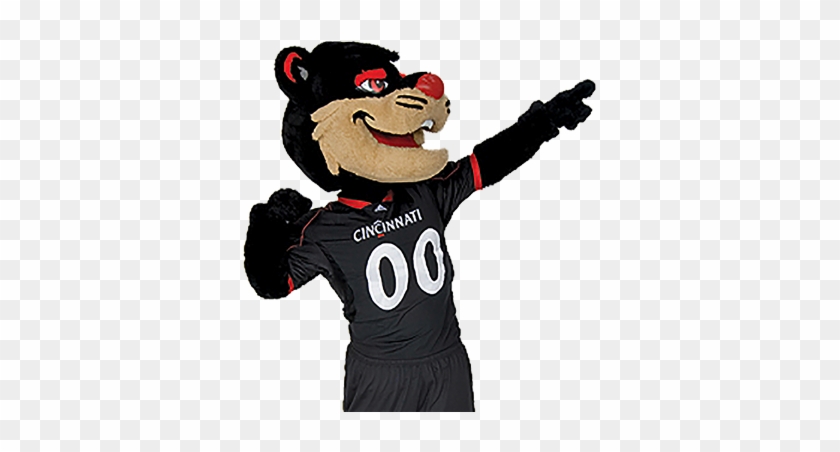 Cincinnati mascot-a black panther in a black jersey with "CINCINNATI" and "00"-pointing enthusiastically.