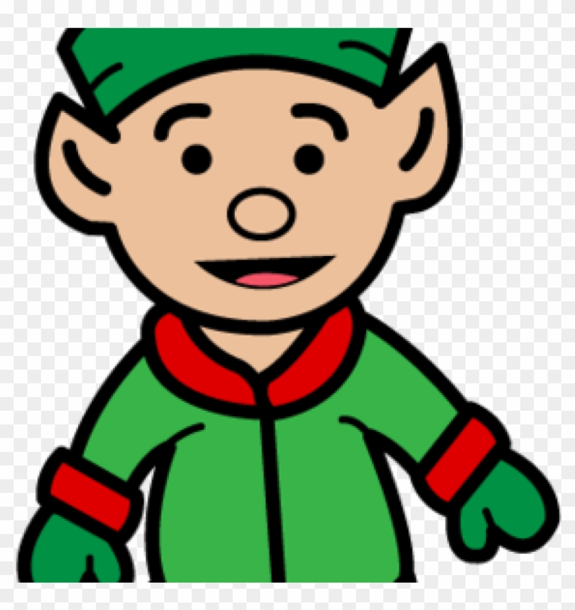 Smiling cartoon elf in green outfit with red trim and pointed ears.