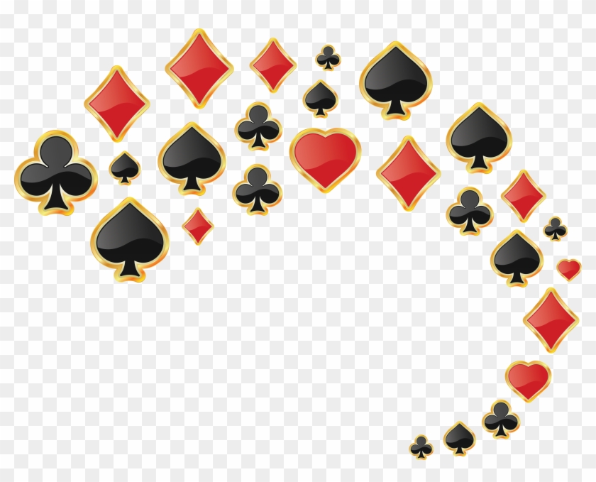 Decorative arrangement of playing card suits-spades, hearts, diamonds, clubs-in red and black with gold borders on transparent background.