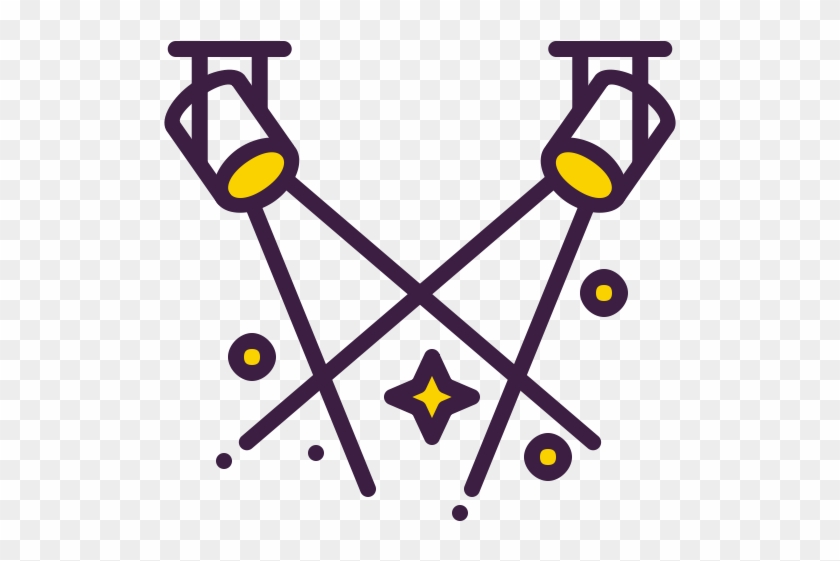 Two crossed stage spotlights with yellow beams and sparkles, symbolizing live performance lighting.