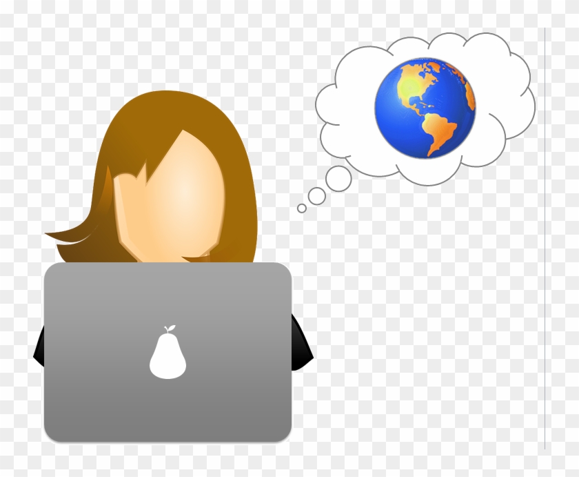 Person using laptop with globe in thought bubble, symbolizing global connectivity or online learning.