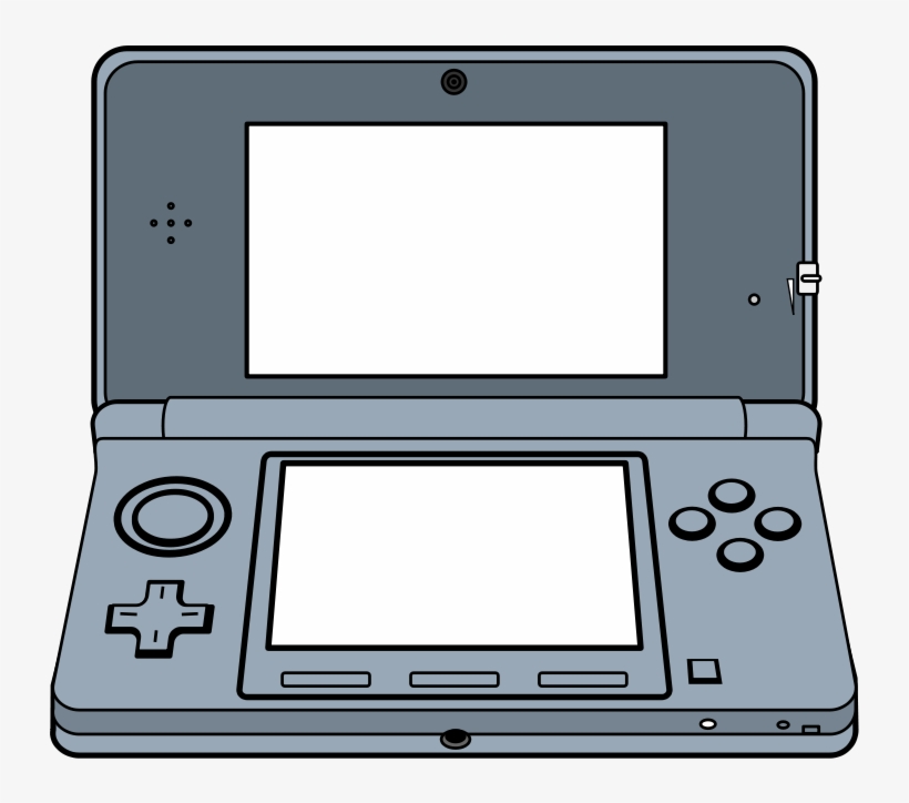 Illustration of a gray Nintendo 3DS handheld gaming console with dual screens and control buttons.