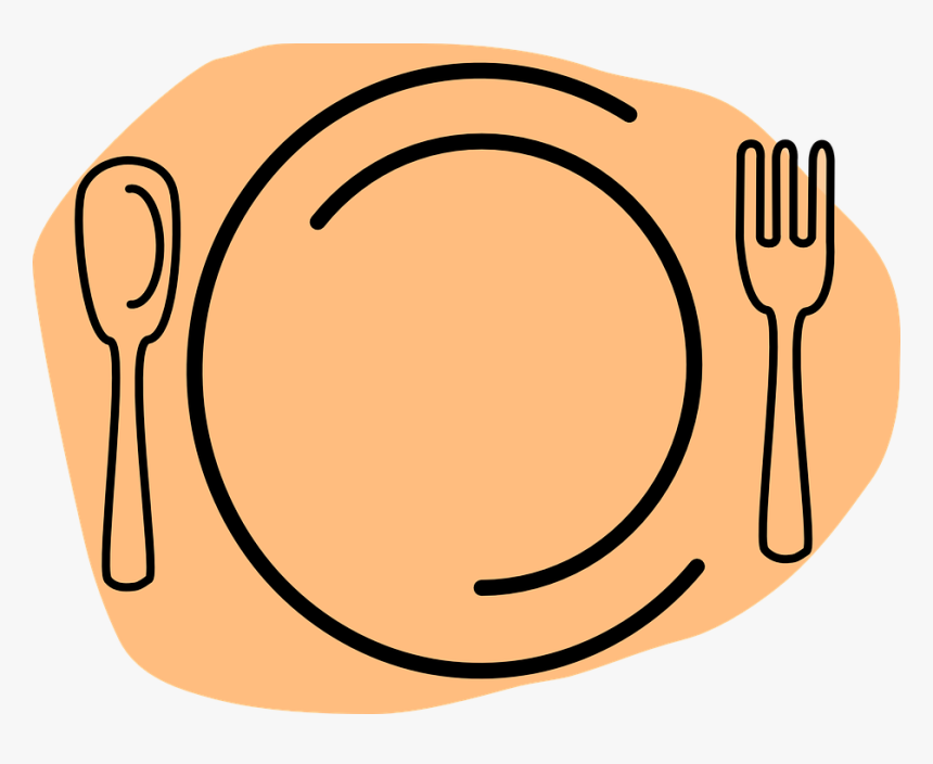 Simple line-art illustration of a dinner plate with spoon on left and fork on right, set on an orange placemat.