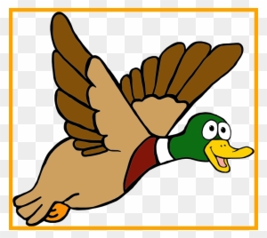 Cartoon mallard duck flying with outstretched wings, green head, red chest patch, and orange beak and feet.