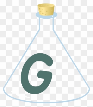 Glass Erlenmeyer flask with cork stopper containing a large green letter "G", symbolizing scientific or educational content.