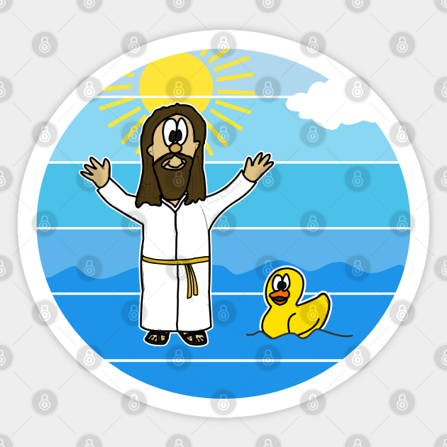 Cartoon Jesus with arms raised beside a yellow rubber duck in blue water under a sunny sky.