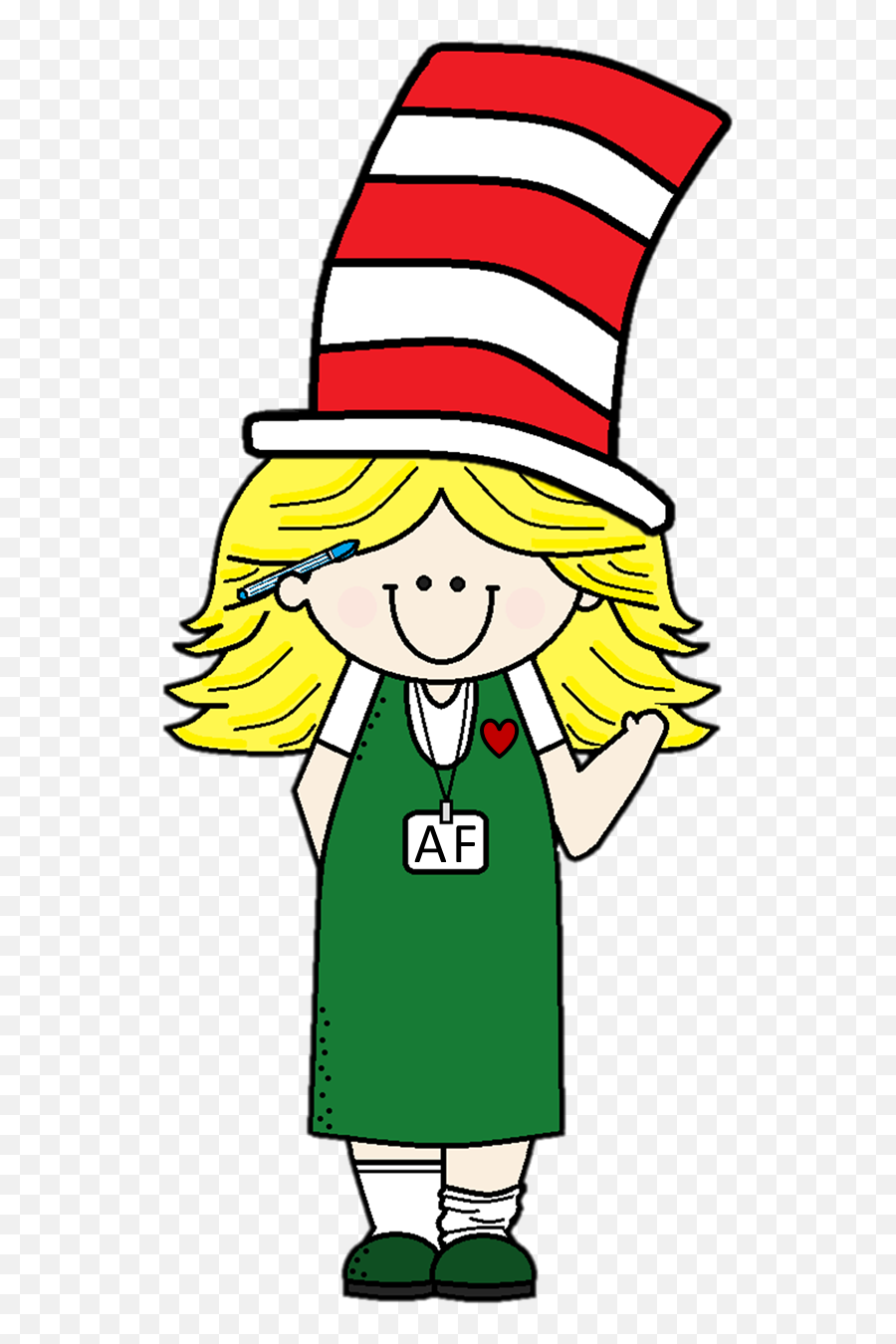 Cartoon girl with blonde hair wearing a red-and-white striped Cat in the Hat hat, green dress, and name tag "AF".