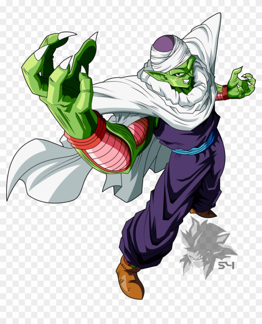 Piccolo in a dynamic martial arts pose, green skin, white cape, purple gi, and bandaged head.