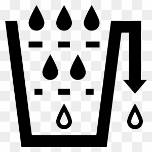 Icon showing a container overflowing with water droplets and an arrow indicating spillage or drainage.