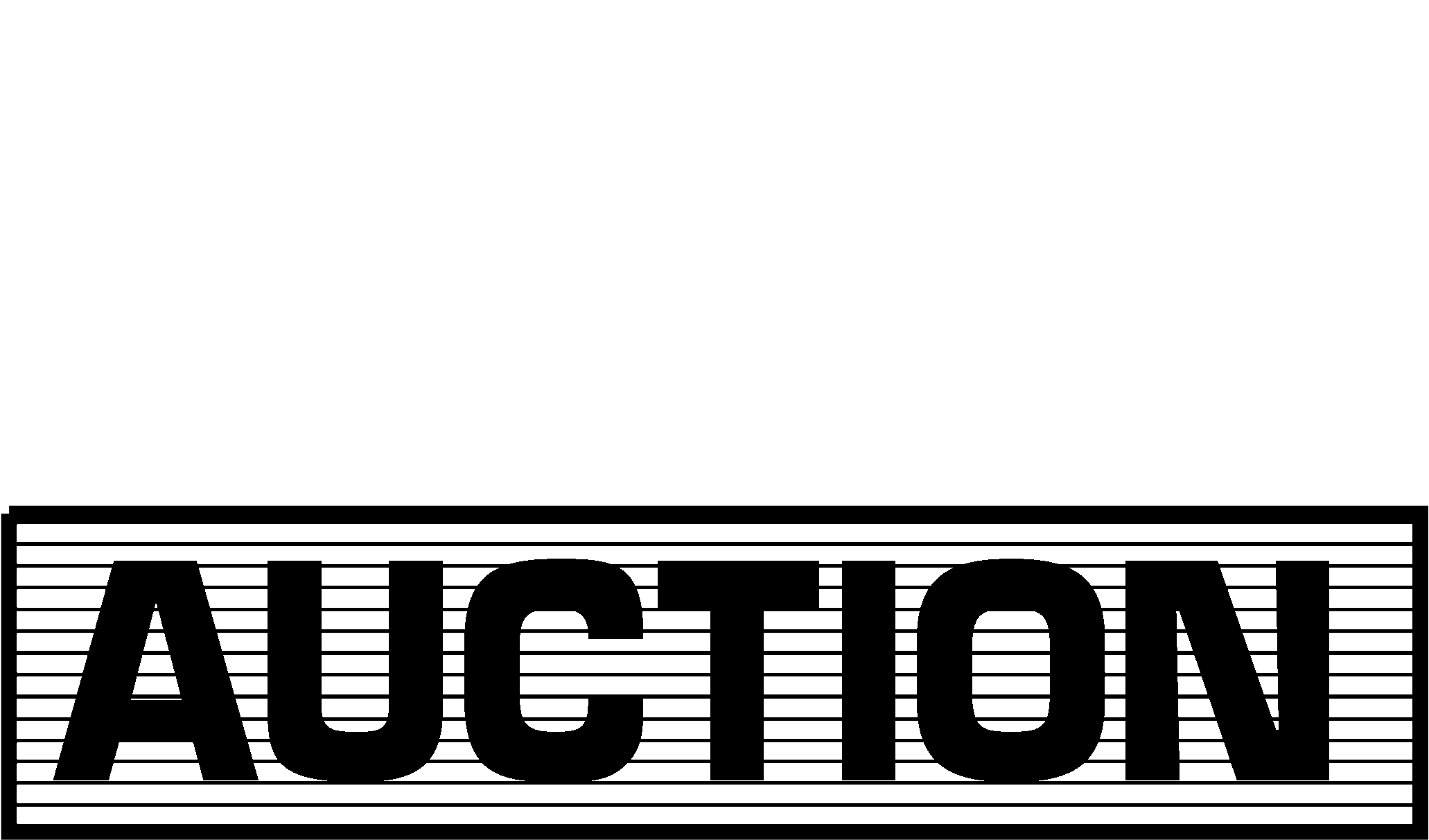 Bold black-and-white graphic with the word "AUCTION" in large letters beneath horizontal stripes and an oval shape above.