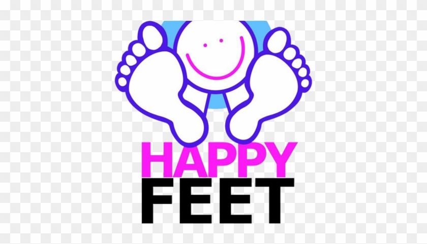 Smiling cartoon character with large feet and "HAPPY FEET" text in pink and black.