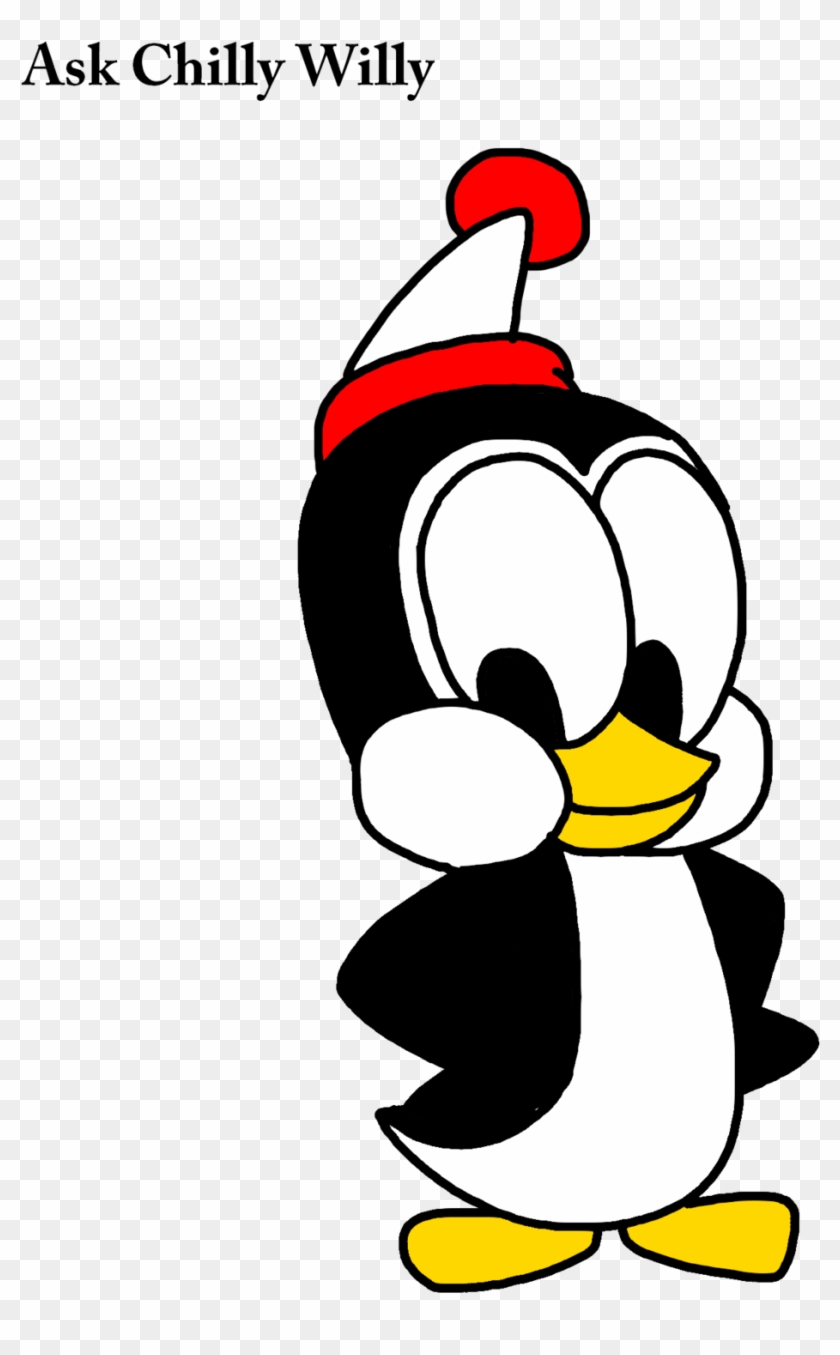 Chilly Willy, a cartoon penguin wearing a red-and-white winter hat, standing with hands on cheeks.