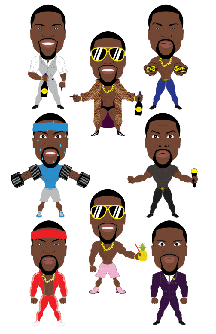 Nine stylized cartoon caricatures of Kevin Hart in diverse outfits and poses against a diamond-plate background with skull logos.