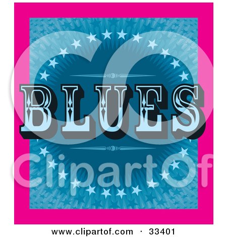 Vintage-style "BLUES" text over blue starburst background with pink border.