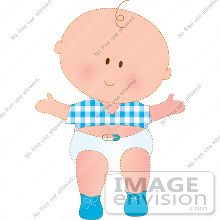 Smiling cartoon baby boy in blue gingham shirt, diaper, and blue booties with bow details.