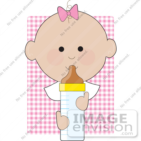 Cartoon baby girl with pink bow drinking from a bottle against pink gingham background.