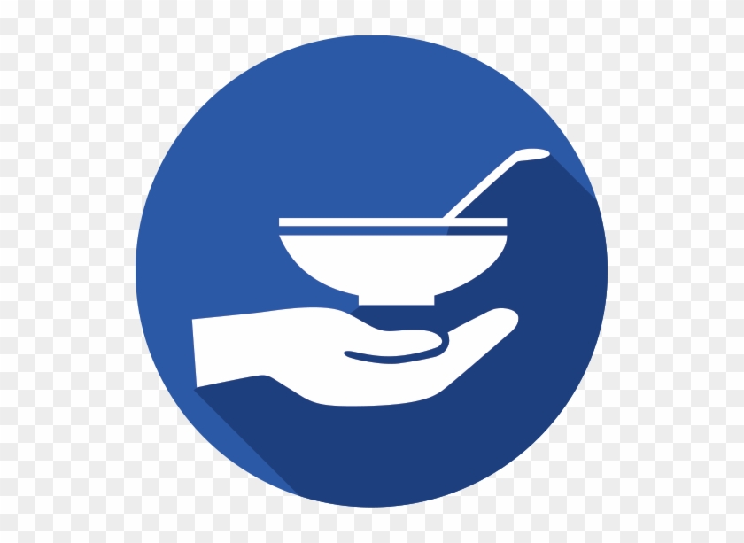 Blue circular icon showing a white hand holding a bowl with a spoon, symbolizing food aid or meal service.