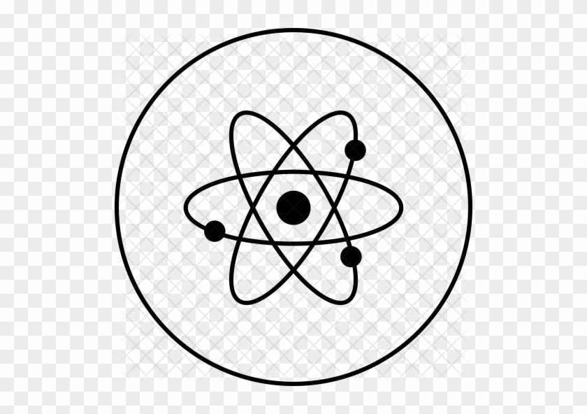 Simple black-and-white line drawing of an atom with nucleus and orbiting electrons inside a circular boundary.