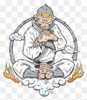 Martial arts monkey in white gi meditating on clouds with flames, wearing golden headband and stern expression.