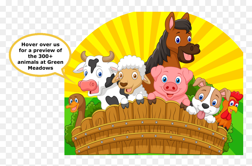 Cartoon farm animals peeking over a wooden fence with sunburst background and speech bubble inviting preview of Green Meadows animals.