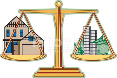 A balance scale weighing a house against stacks of cash and coins, symbolizing real estate value versus financial assets.