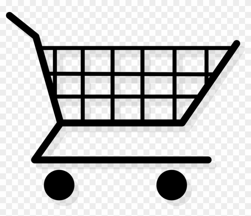Black line-art shopping cart icon with grid basket, two wheels, and handle on transparent background.
