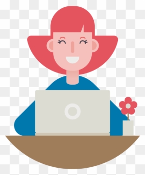 Smiling woman with red hair using a laptop, with a small flower beside her on the desk.